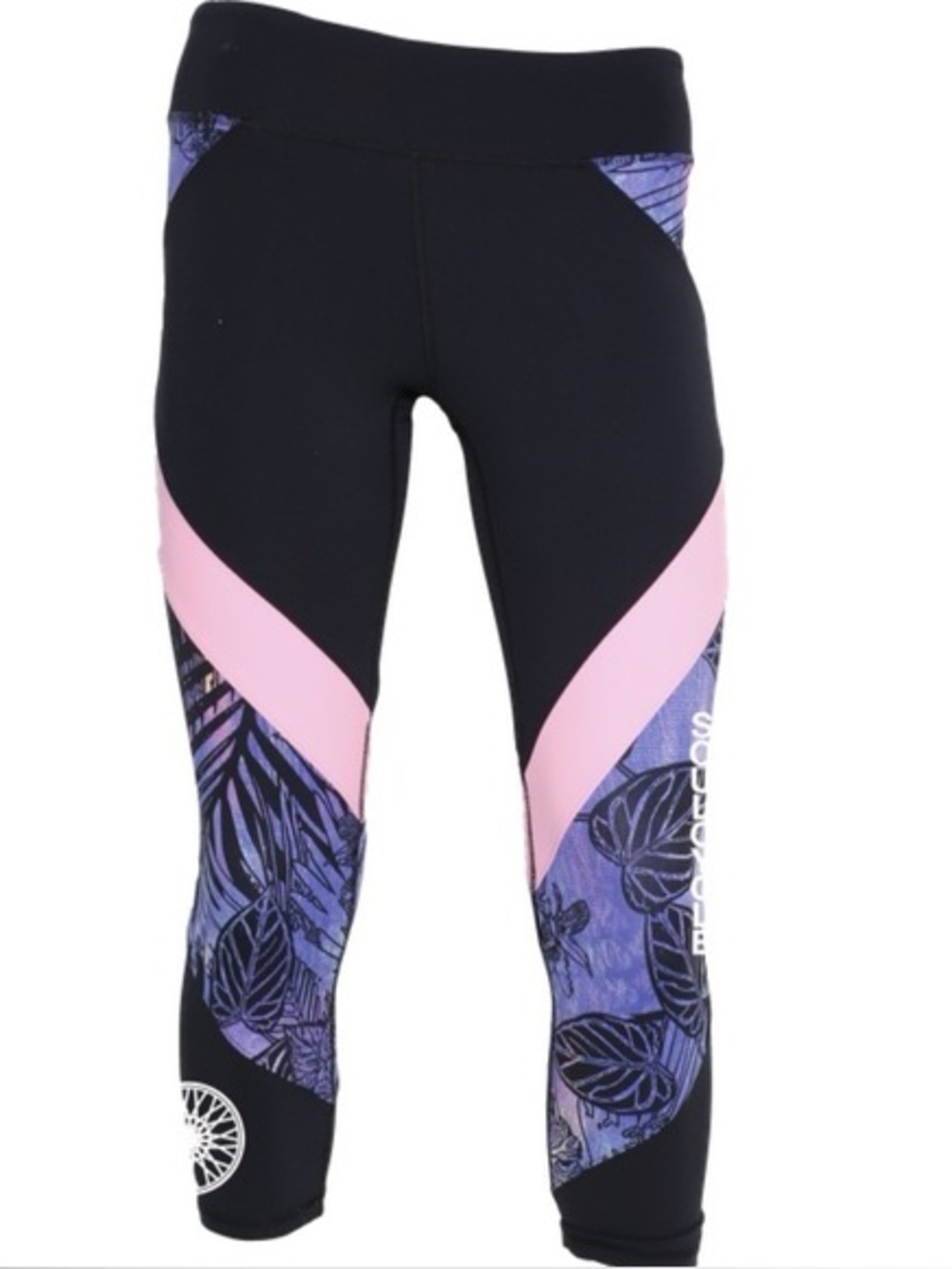 Soul Cycle Wrap Around Tropical Print Pink Purple Cropped Legging Black Medium